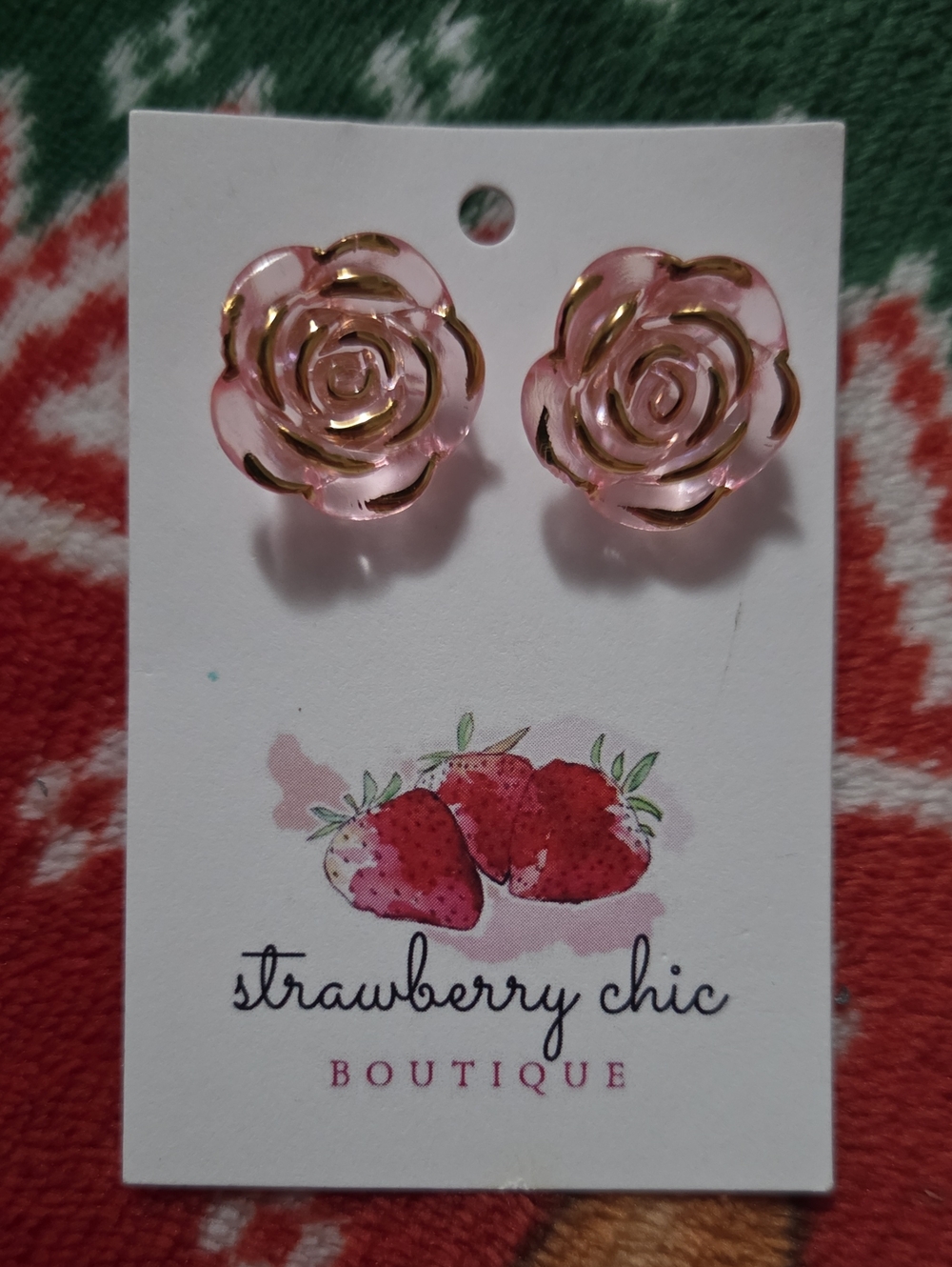 Pink Rose Flower Stud Earrings with Gold Accents